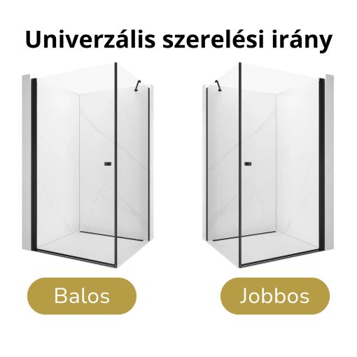 HD Nero "S" Black aszimmetrikus szögletes nyílóajtós zuhanykabin 6 mm vastag vízlepergető biztonsági üveggel, fekete elemekkel, 195 cm magas