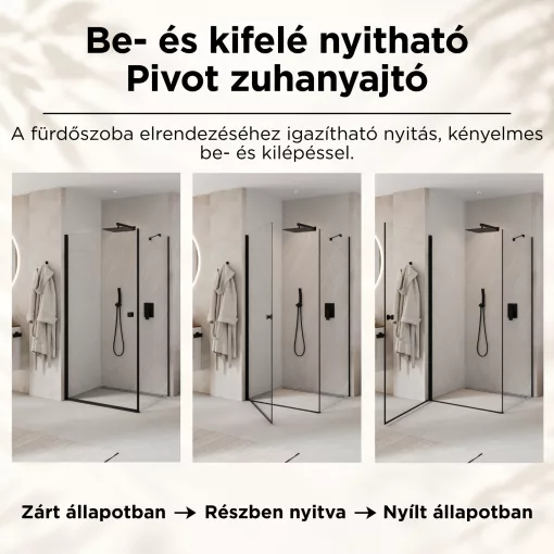 HD Nero "S" Black szögletes nyílóajtós zuhanykabin 6 mm vastag vízlepergető biztonsági üveggel, fekete elemekkel, 195 cm magas