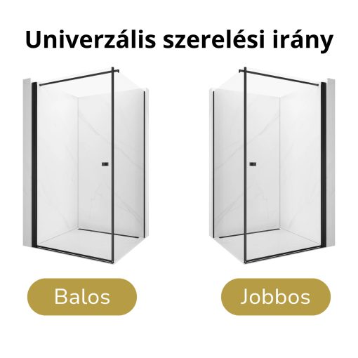 HD Nero "F" Black aszimmetrikus szögletes nyílóajtós zuhanykabin 6 mm vastag vízlepergető biztonsági üveggel, fekete elemekkel, 195 cm magas