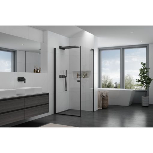 HD Nero "L" Black szögletes nyílóajtós zuhanykabin 6 mm vastag vízlepergető biztonsági üveggel, fekete elemekkel, 195 cm magas