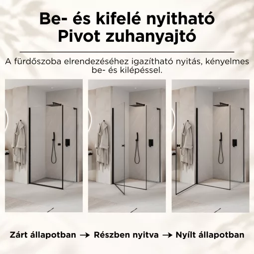 HD Nero "L" Black szögletes nyílóajtós zuhanykabin 6 mm vastag vízlepergető biztonsági üveggel, fekete elemekkel, 195 cm magas