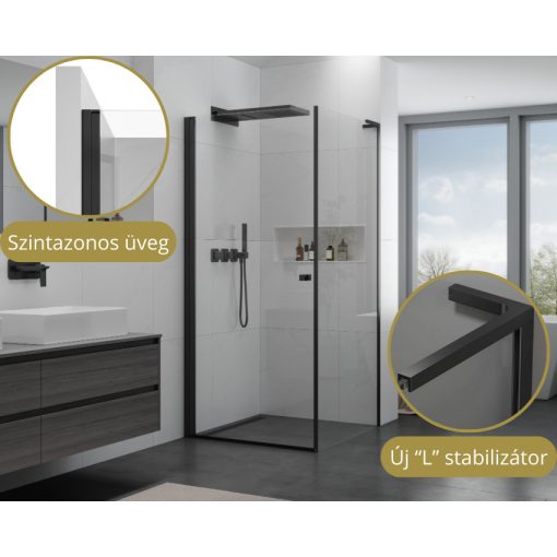 HD Nero "L" Black szögletes nyílóajtós zuhanykabin 6 mm vastag vízlepergető biztonsági üveggel, fekete elemekkel, 195 cm magas
