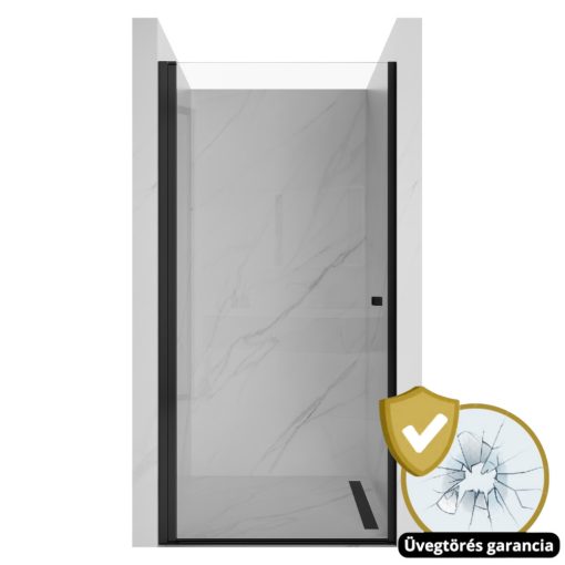 HD Nero Black 70/80/90/100 cm széles egyszárnyú nyíló króm zuhanyajtó 6 mm vastag vízlepergető biztonsági üveggel, fekete elemekkel, 195 cm magas