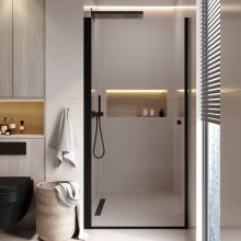 HD Nero Black 70/80/90/100 cm széles egyszárnyú nyíló króm zuhanyajtó 6 mm vastag vízlepergető biztonsági üveggel, fekete elemekkel, 195 cm magas