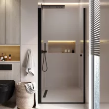 HD Nero Black 70/80/90/100 cm széles egyszárnyú nyíló króm zuhanyajtó 6 mm vastag vízlepergető biztonsági üveggel, fekete elemekkel, 195 cm magas