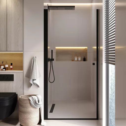 HD Nero Black 70/80/90/100 cm széles egyszárnyú nyíló króm zuhanyajtó 6 mm vastag vízlepergető biztonsági üveggel, fekete elemekkel, 195 cm magas