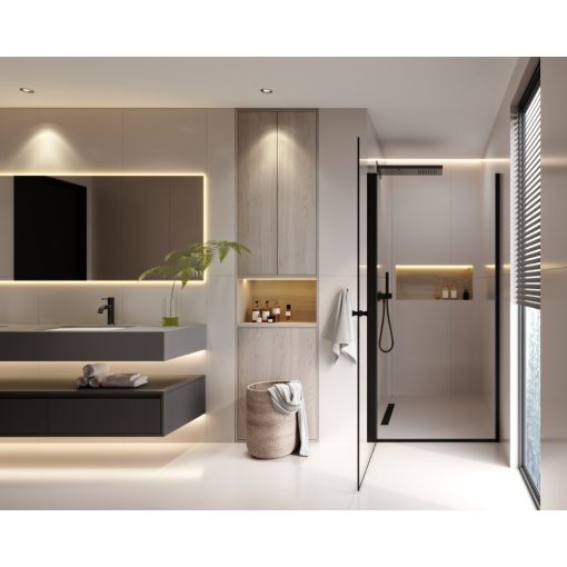 HD Nero Black 70/80/90/100 cm széles egyszárnyú nyíló króm zuhanyajtó 6 mm vastag vízlepergető biztonsági üveggel, fekete elemekkel, 195 cm magas