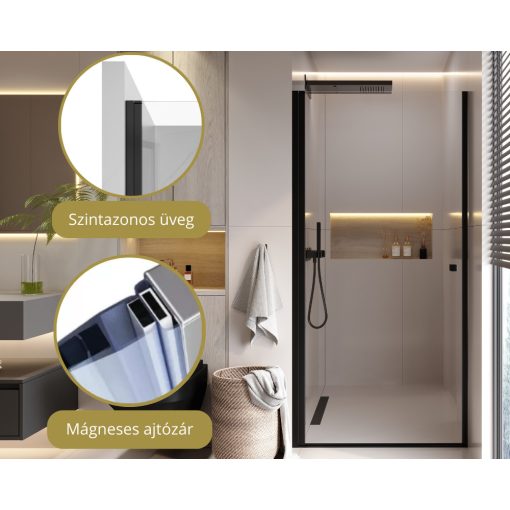 HD Nero Black 70/80/90/100 cm széles egyszárnyú nyíló króm zuhanyajtó 6 mm vastag vízlepergető biztonsági üveggel, fekete elemekkel, 195 cm magas