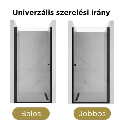 HD Nero Black 70/80/90/100 cm széles egyszárnyú nyíló króm zuhanyajtó 6 mm vastag vízlepergető biztonsági üveggel, fekete elemekkel, 195 cm magas