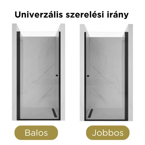 HD Nero Black 70/80/90/100 cm széles egyszárnyú nyíló króm zuhanyajtó 6 mm vastag vízlepergető biztonsági üveggel, fekete elemekkel, 195 cm magas