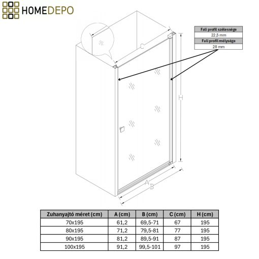 HD Nero Black 70/80/90/100 cm széles egyszárnyú nyíló króm zuhanyajtó 6 mm vastag vízlepergető biztonsági üveggel, fekete elemekkel, 195 cm magas