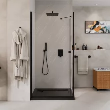 HD Nero "S" Black 70x110 aszimmetrikus szögletes nyílóajtós zuhanykabin 6 mm vastag vízlepergető biztonsági üveggel, fekete elemekkel, 195 cm magas