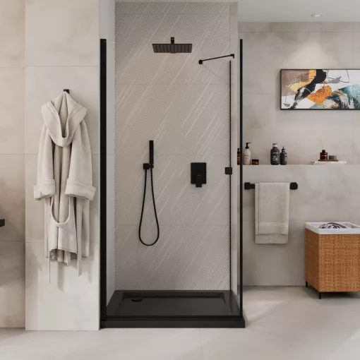 HD Nero "S" Black 70x110 aszimmetrikus szögletes nyílóajtós zuhanykabin 6 mm vastag vízlepergető biztonsági üveggel, fekete elemekkel, 195 cm magas