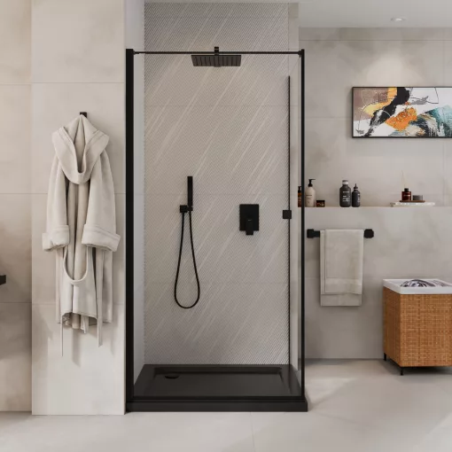 HD Nero "F" Black 70x120 aszimmetrikus szögletes nyílóajtós zuhanykabin 6 mm vastag vízlepergető biztonsági üveggel, fekete elemekkel, 195 cm magas