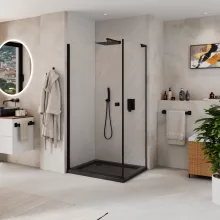 HD Nero "L" Black 70x110 aszimmetrikus szögletes nyílóajtós zuhanykabin 6 mm vastag vízlepergető biztonsági üveggel, fekete elemekkel, 195 cm magas