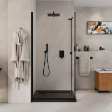 HD Nero "L" Black 70x110 aszimmetrikus szögletes nyílóajtós zuhanykabin 6 mm vastag vízlepergető biztonsági üveggel, fekete elemekkel, 195 cm magas
