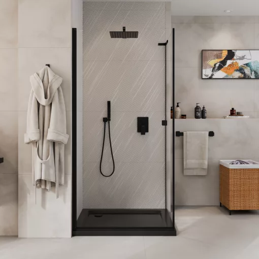 HD Nero "L" Black 70x110 aszimmetrikus szögletes nyílóajtós zuhanykabin 6 mm vastag vízlepergető biztonsági üveggel, fekete elemekkel, 195 cm magas