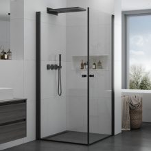 HD Nero Duo Black 100x70 aszimmetrikus szögletes nyílóajtós zuhanykabin 6 mm vastag vízlepergető biztonsági üveggel, fekete elemekkel, 195 cm magas