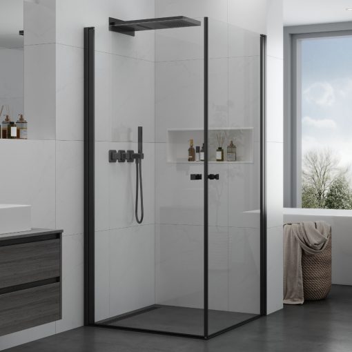 HD Nero Duo Black 100x70 aszimmetrikus szögletes nyílóajtós zuhanykabin 6 mm vastag vízlepergető biztonsági üveggel, fekete elemekkel, 195 cm magas