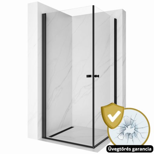HD Nero Duo Black aszimmetrikus szögletes nyílóajtós zuhanykabin 6 mm vastag vízlepergető biztonsági üveggel, fekete elemekkel, 195 cm magas