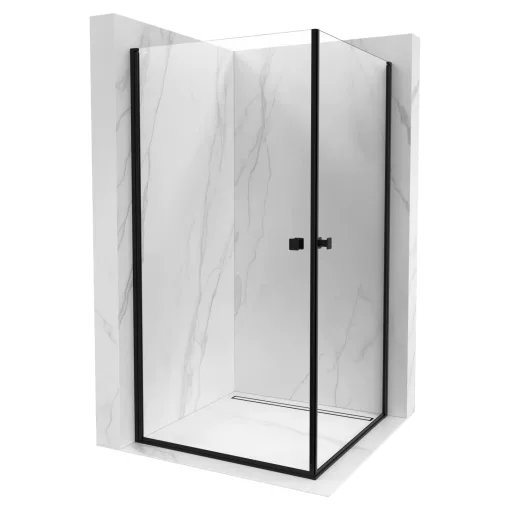 HD Nero Duo Black aszimmetrikus szögletes nyílóajtós zuhanykabin 6 mm vastag vízlepergető biztonsági üveggel, fekete elemekkel, 195 cm magas