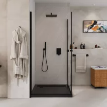HD Nero Duo Black aszimmetrikus szögletes nyílóajtós zuhanykabin 6 mm vastag vízlepergető biztonsági üveggel, fekete elemekkel, 195 cm magas
