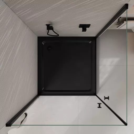 HD Nero Duo Black aszimmetrikus szögletes nyílóajtós zuhanykabin 6 mm vastag vízlepergető biztonsági üveggel, fekete elemekkel, 195 cm magas