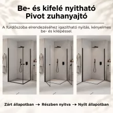 HD Nero Duo Black aszimmetrikus szögletes nyílóajtós zuhanykabin 6 mm vastag vízlepergető biztonsági üveggel, fekete elemekkel, 195 cm magas