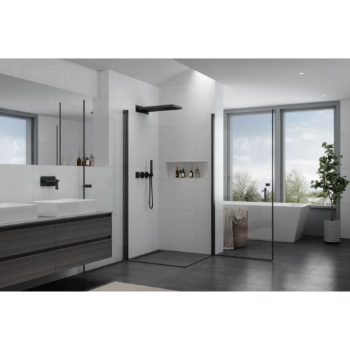 HD Nero Duo Black 80x70 aszimmetrikus szögletes nyílóajtós zuhanykabin 6 mm vastag vízlepergető biztonsági üveggel, fekete elemekkel, 195 cm magas