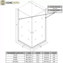 HD Nero Duo Black 80x70 aszimmetrikus szögletes nyílóajtós zuhanykabin 6 mm vastag vízlepergető biztonsági üveggel, fekete elemekkel, 195 cm magas