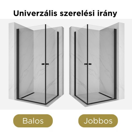 HD Nero Duo Black 90x70 aszimmetrikus szögletes nyílóajtós zuhanykabin 6 mm vastag vízlepergető biztonsági üveggel, fekete elemekkel, 195 cm magas