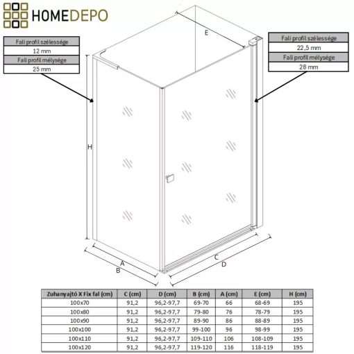 HD Nero "L" 100x110 aszimmetrikus szögletes nyílóajtós zuhanykabin 6 mm vastag vízlepergető biztonsági üveggel, krómozott elemekkel, 195 cm magas