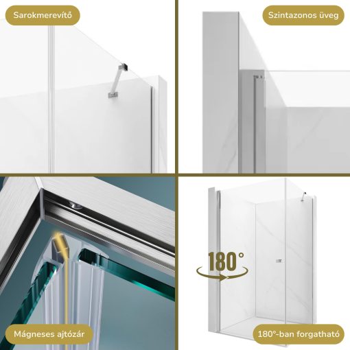 HD Nero "S" szögletes nyílóajtós zuhanykabin 6 mm vastag vízlepergető biztonsági üveggel, krómozott elemekkel, 195 cm magas