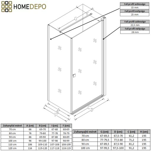 HD Nero "F" szögletes nyílóajtós zuhanykabin 6 mm vastag vízlepergető biztonsági üveggel, krómozott elemekkel, 195 cm magas