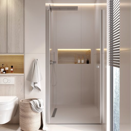 HD Nero 70/80/90/100 cm széles egyszárnyú nyíló króm zuhanyajtó 6 mm vastag vízlepergető biztonsági üveggel, krómozott elemekkel, 195 cm magas