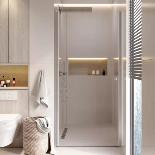 HD Nero 70/80/90/100 cm széles egyszárnyú nyíló króm zuhanyajtó 6 mm vastag vízlepergető biztonsági üveggel, krómozott elemekkel, 195 cm magas