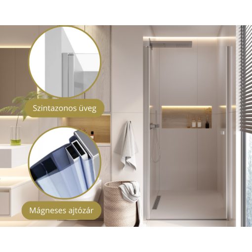 HD Nero 70/80/90/100 cm széles egyszárnyú nyíló króm zuhanyajtó 6 mm vastag vízlepergető biztonsági üveggel, krómozott elemekkel, 195 cm magas