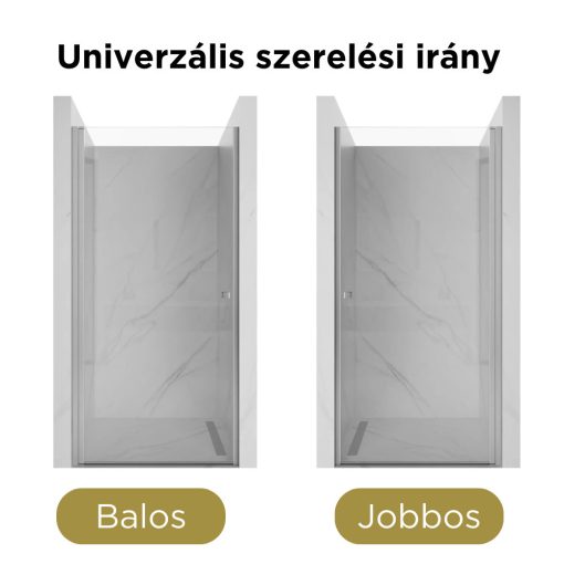 HD Nero 70/80/90/100 cm széles egyszárnyú nyíló króm zuhanyajtó 6 mm vastag vízlepergető biztonsági üveggel, krómozott elemekkel, 195 cm magas