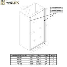 HD Nero 70/80/90/100 cm széles egyszárnyú nyíló króm zuhanyajtó 6 mm vastag vízlepergető biztonsági üveggel, krómozott elemekkel, 195 cm magas