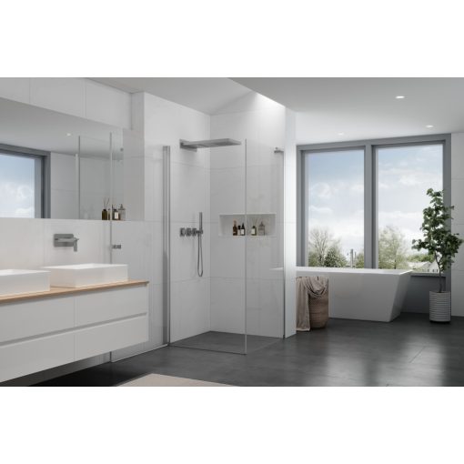 HD Nero "L" 90x110 aszimmetrikus szögletes nyílóajtós zuhanykabin 6 mm vastag vízlepergető biztonsági üveggel, krómozott elemekkel, 195 cm magas