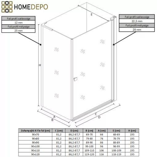 HD Nero "L" 90x110 aszimmetrikus szögletes nyílóajtós zuhanykabin 6 mm vastag vízlepergető biztonsági üveggel, krómozott elemekkel, 195 cm magas