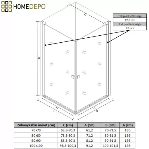 HD Nero Duo 100x70 aszimmetrikus szögletes nyílóajtós zuhanykabin 6 mm vastag vízlepergető biztonsági üveggel, krómozott elemekkel, 195 cm magas