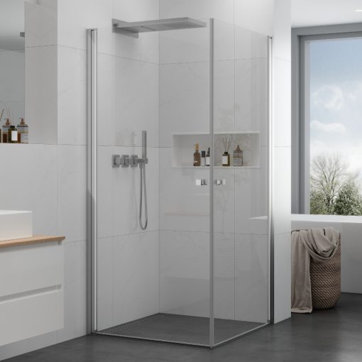 HD Nero Duo 80x70 aszimmetrikus szögletes nyílóajtós zuhanykabin 6 mm vastag vízlepergető biztonsági üveggel, krómozott elemekkel, 195 cm magas