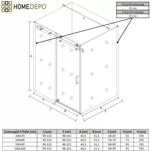 HD Neptun szögletes tolóajtós zuhanykabin 8 mm vastag vízlepergető biztonsági üveggel, krómozott elemekkel, 195 cm magas