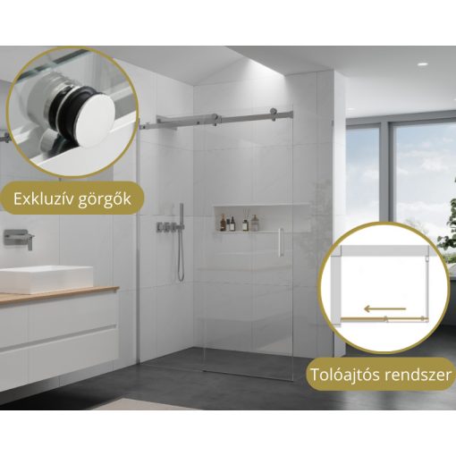 HD Neptun 110x80 aszimmetrikus szögletes tolóajtós zuhanykabin 8 mm vastag vízlepergető biztonsági üveggel, krómozott elemekkel, 195 cm magas