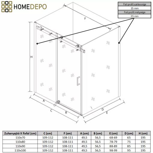 HD Neptun 110x80 aszimmetrikus szögletes tolóajtós zuhanykabin 8 mm vastag vízlepergető biztonsági üveggel, krómozott elemekkel, 195 cm magas