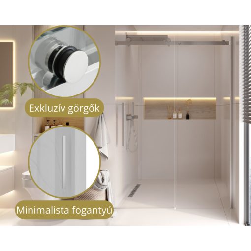 HD Neptun+ 100/110/120/130/140/150 cm széles toló zuhanyajtó 8 mm vastag vízlepergető biztonsági üveggel, krómozott elemekkel, 195 cm magas