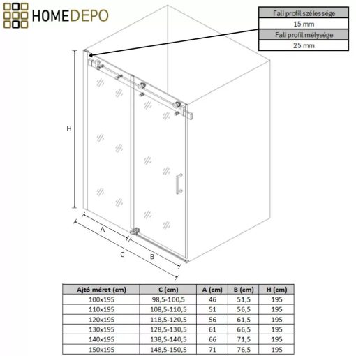 HD Neptun+ 100/110/120/130/140/150 cm széles toló zuhanyajtó 8 mm vastag vízlepergető biztonsági üveggel, krómozott elemekkel, 195 cm magas