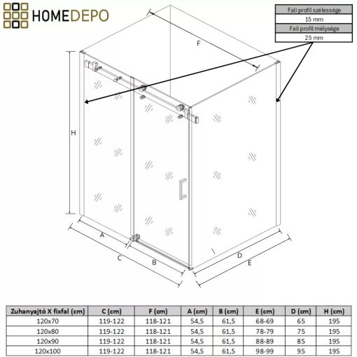 HD Neptun+ 120x80 aszimmetrikus szögletes tolóajtós zuhanykabin 8 mm vastag vízlepergető biztonsági üveggel, krómozott elemekkel, 195 cm magas