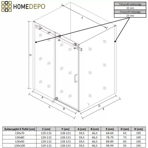 HD Neptun+ 130x90 aszimmetrikus szögletes tolóajtós zuhanykabin 8 mm vastag vízlepergető biztonsági üveggel, krómozott elemekkel, 195 cm magas